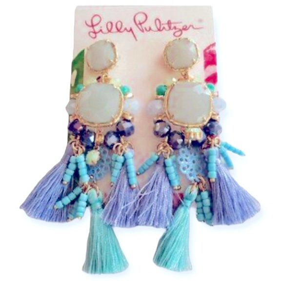 LILLY PULITZER Waterside Earrings Gold Teal Blue Tassels NWT - Picture 3 of 6